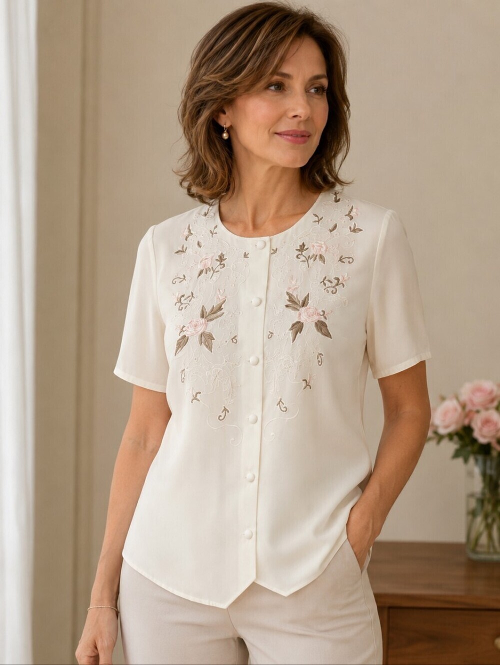 CHRISTIE & JILL Fairycore Floral Embroidered Cropped Button Down Blouse